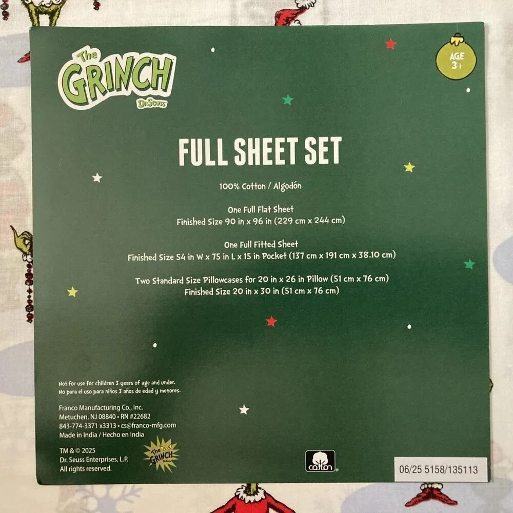 New Dr. Seuss The Grinch 4pc Full Sheet Set 100% Cotton Christmas Holiday
